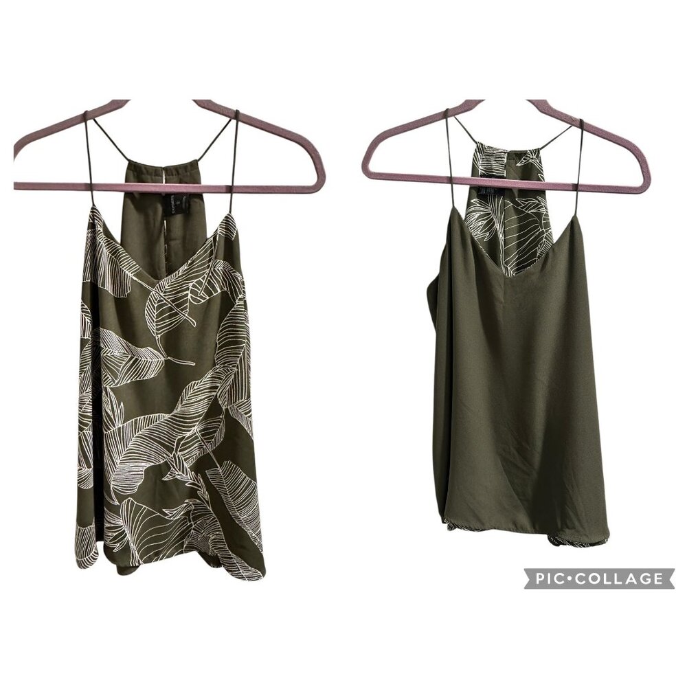 ✌️ 2/$40 ✌️Express Sleeveless Reversible Leaf Print Top Sz M Olive Green & White